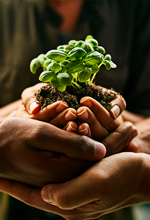 mains en commun portant une petite plante verte
